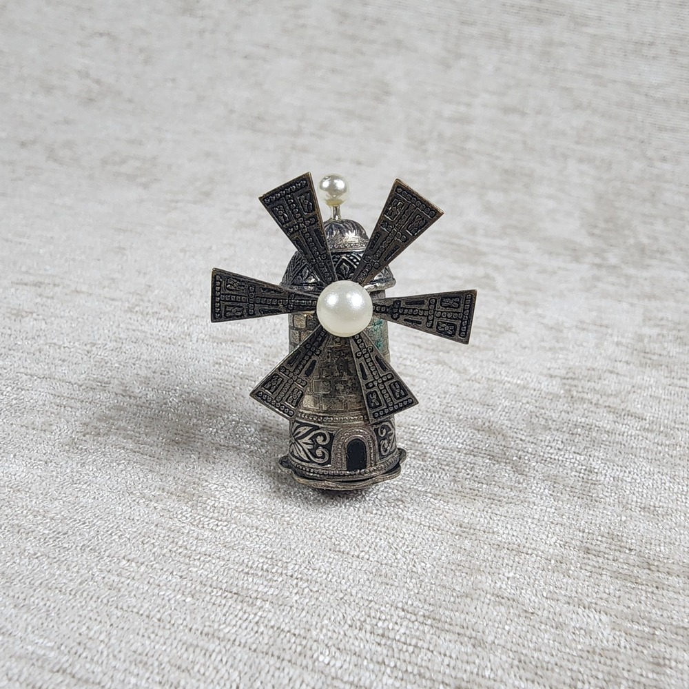 Vintage Pewter Working Windmill Pin Brooch Pearl Accent 1.5" Working Clasp